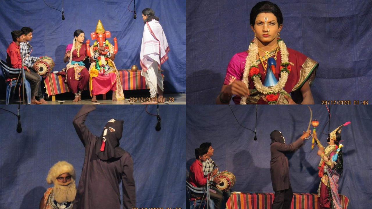 a group of people performing Aad Dashavtar on stage