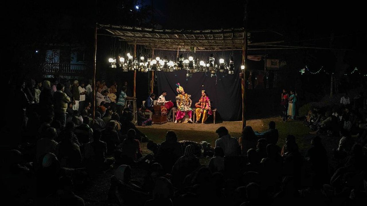 a group of people performing Dashavtar on a stage in Manseeshwar Jatra Vengurla